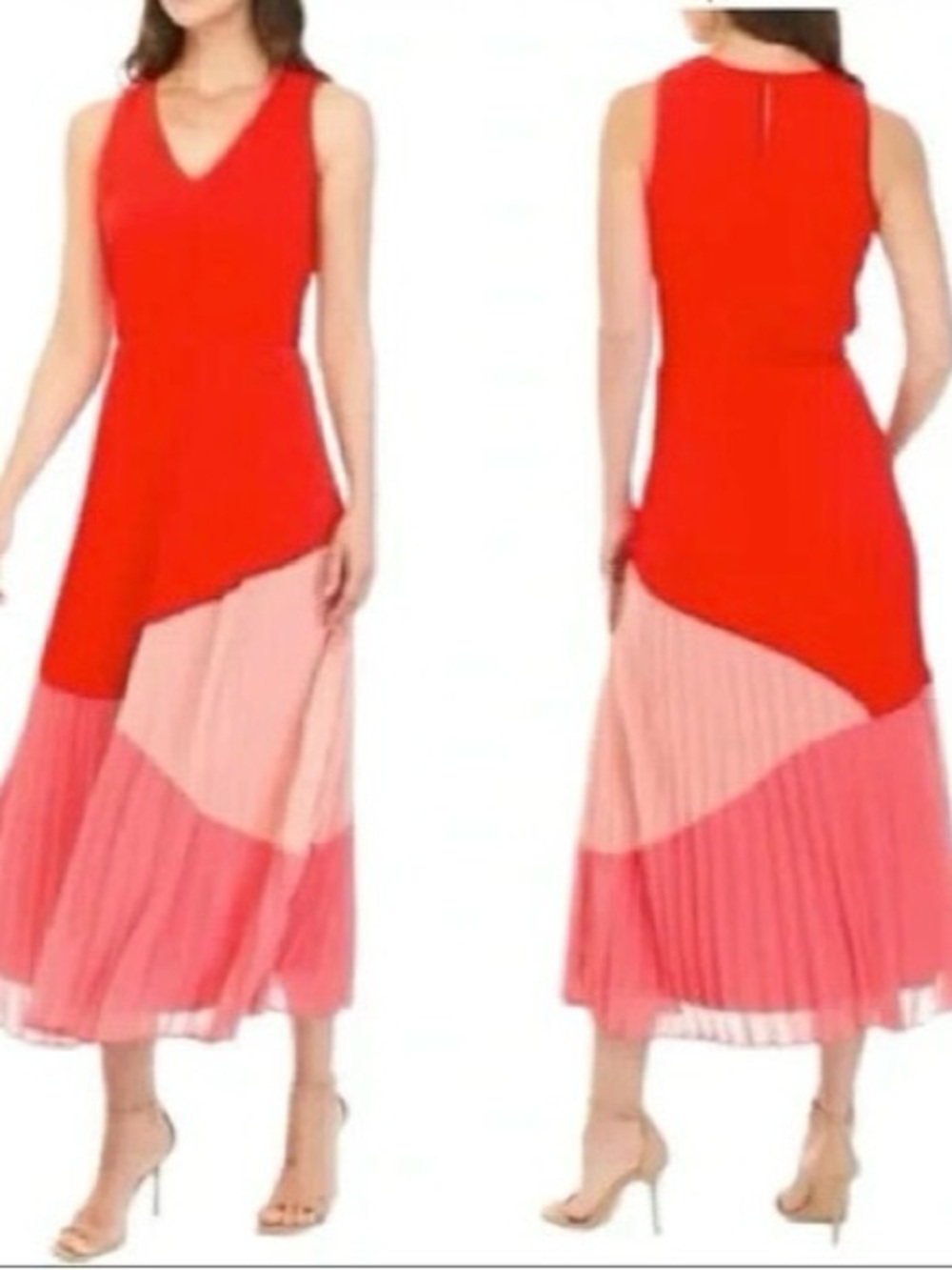 Taylor Red and Pink Asymmetrical Pleated Maxi Dress